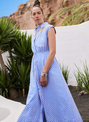 Blue Striped Midi Shirt Dress