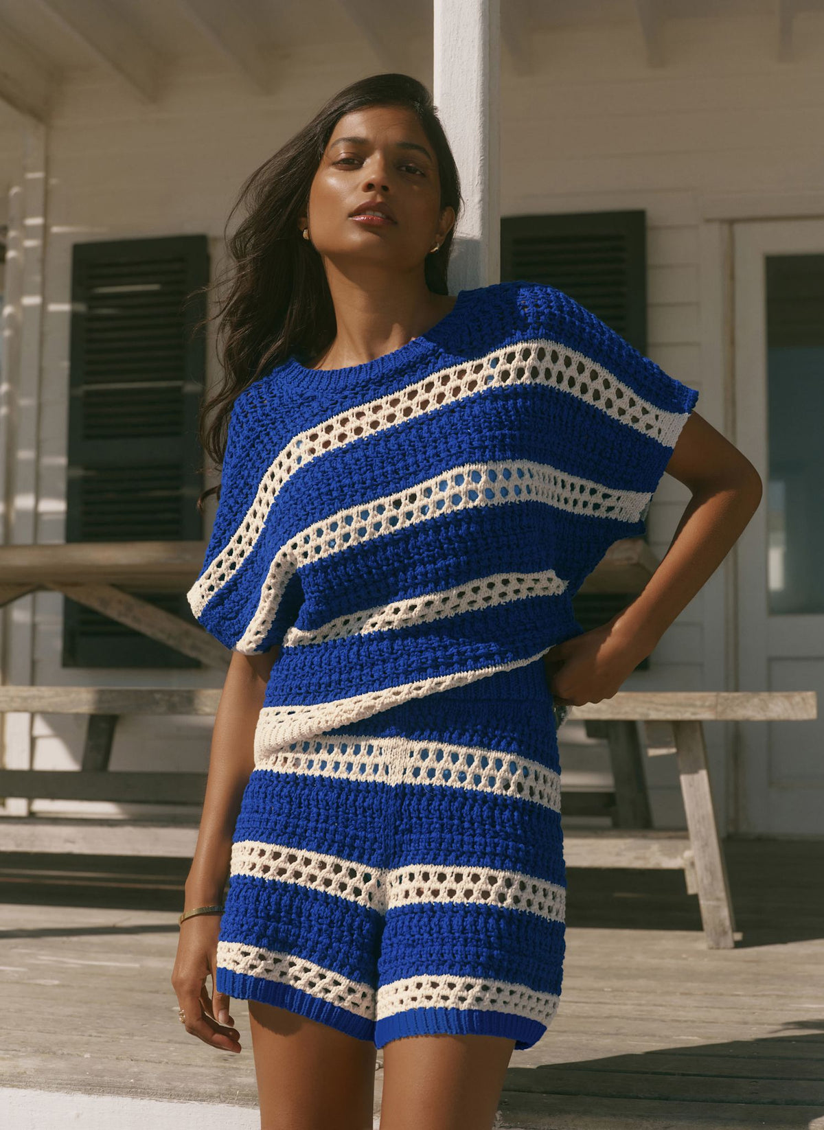 Blue Cotton Striped Crochet Knit Shorts