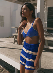 Blue Cotton Striped Crochet Knit Shorts