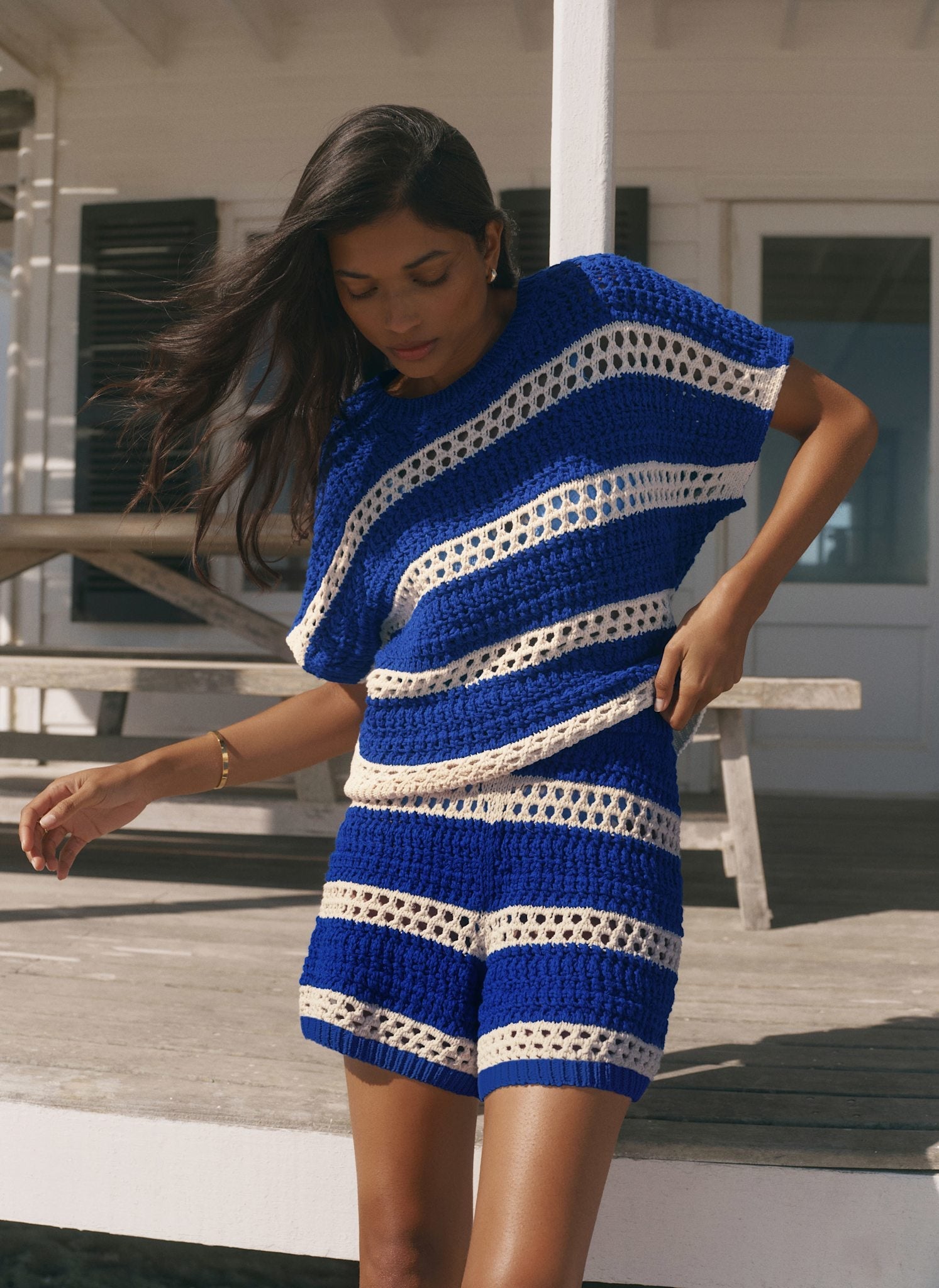 Blue Cotton Striped Crochet Knit Shorts