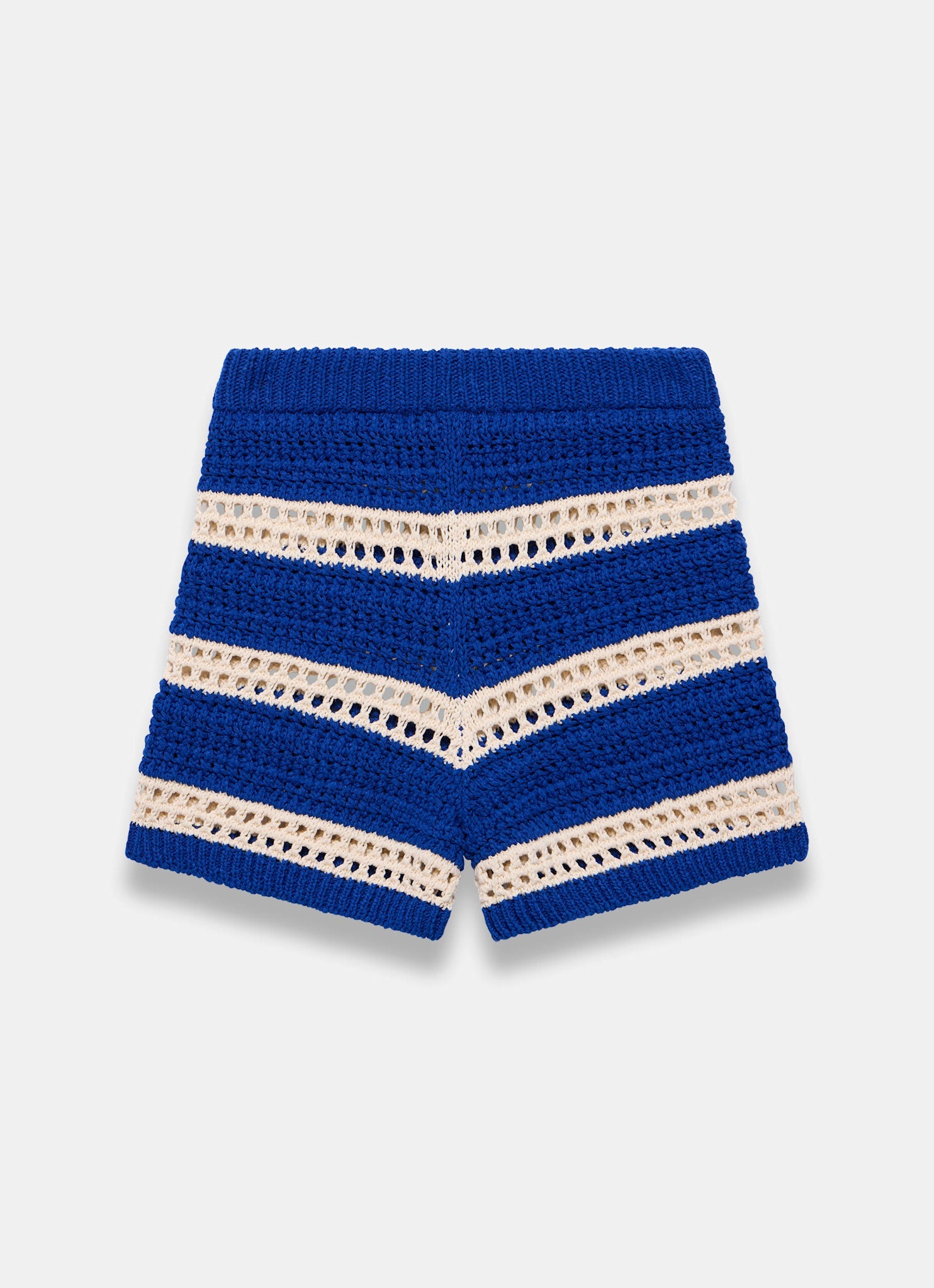 Blue Cotton Striped Crochet Knit Shorts