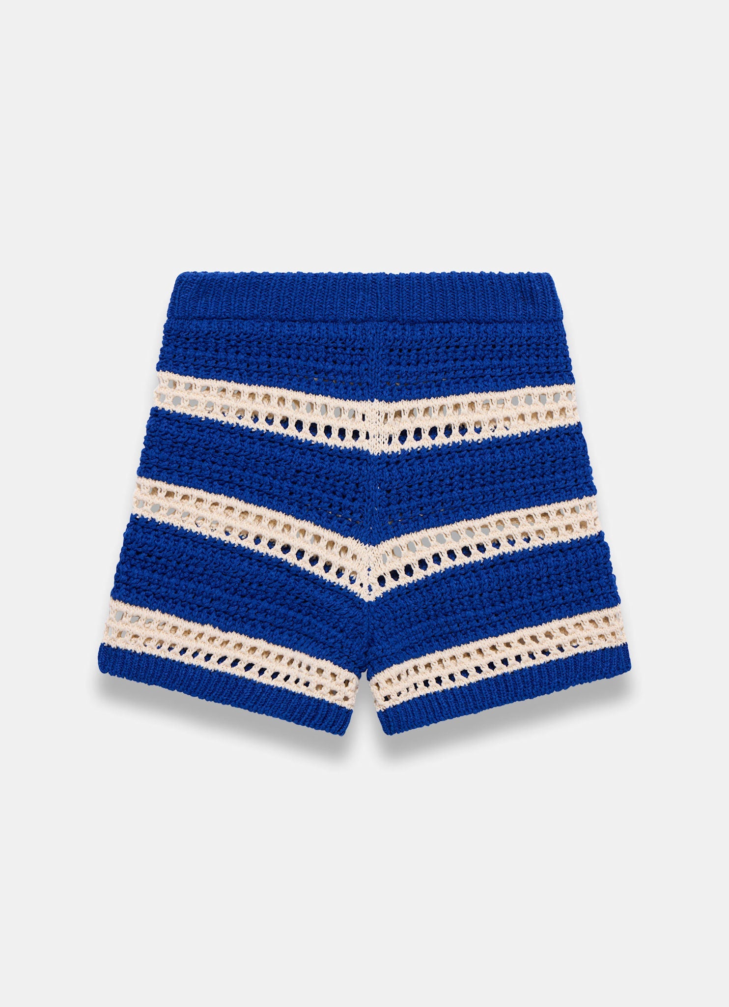 Blue Cotton Striped Crochet Knit Shorts