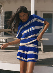 Blue Cotton Striped Crochet Knit Top
