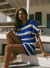 Blue Cotton Striped Crochet Knit Top