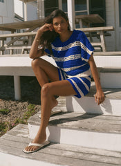 Blue Cotton Striped Crochet Knit Top