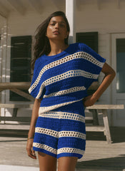 Blue Cotton Striped Crochet Knit Top