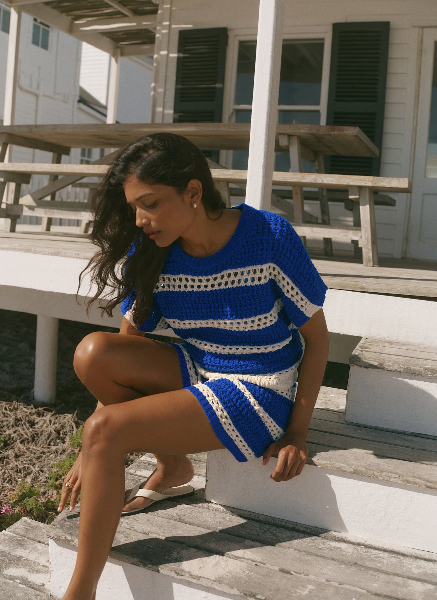 Blue Cotton Striped Crochet Knit Top