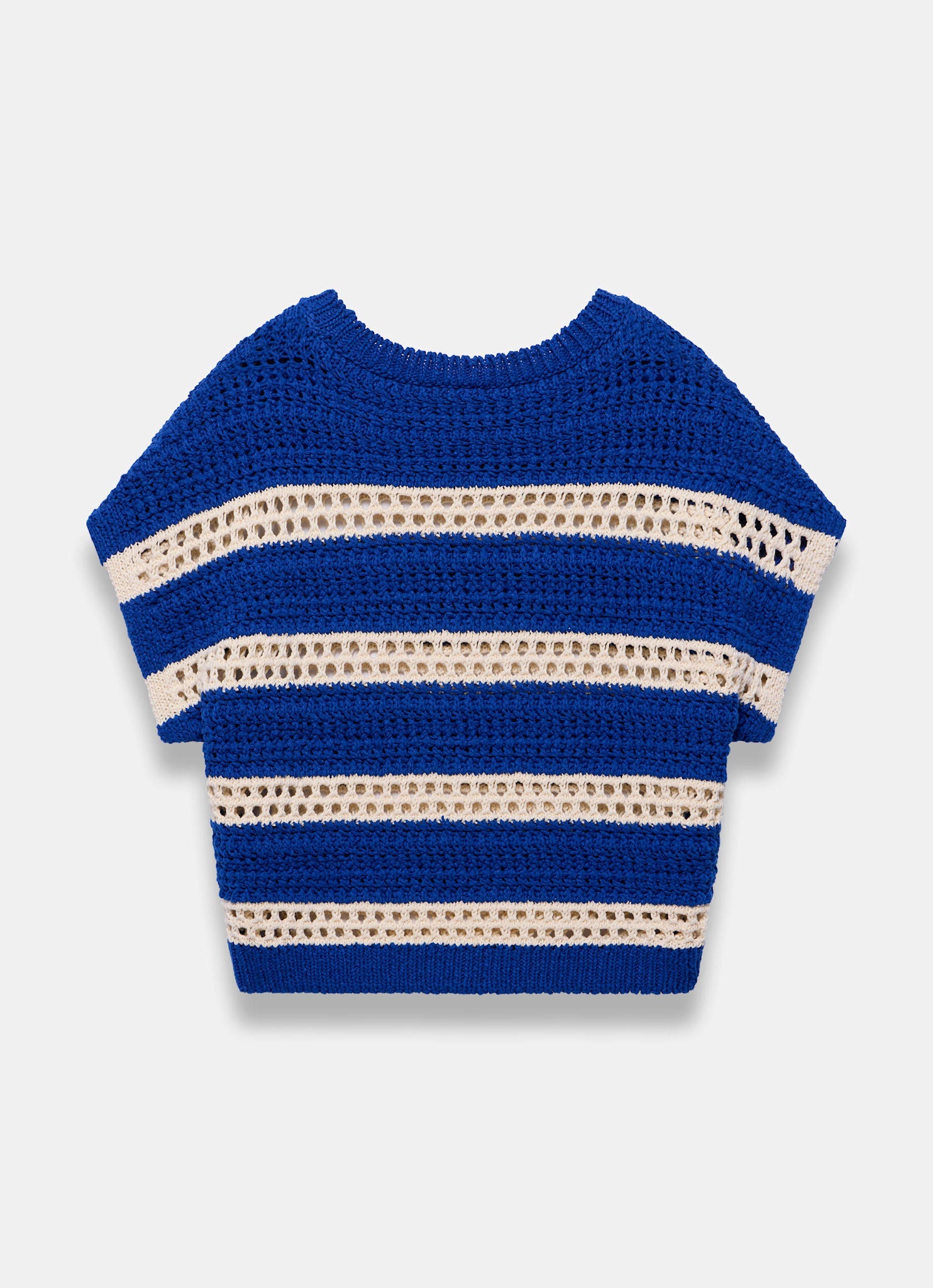Blue Cotton Striped Crochet Knit Top
