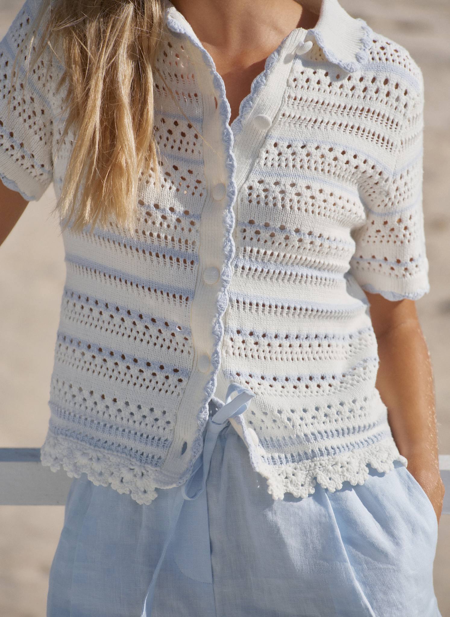 Cream Cotton Blend Stripe Crochet Top