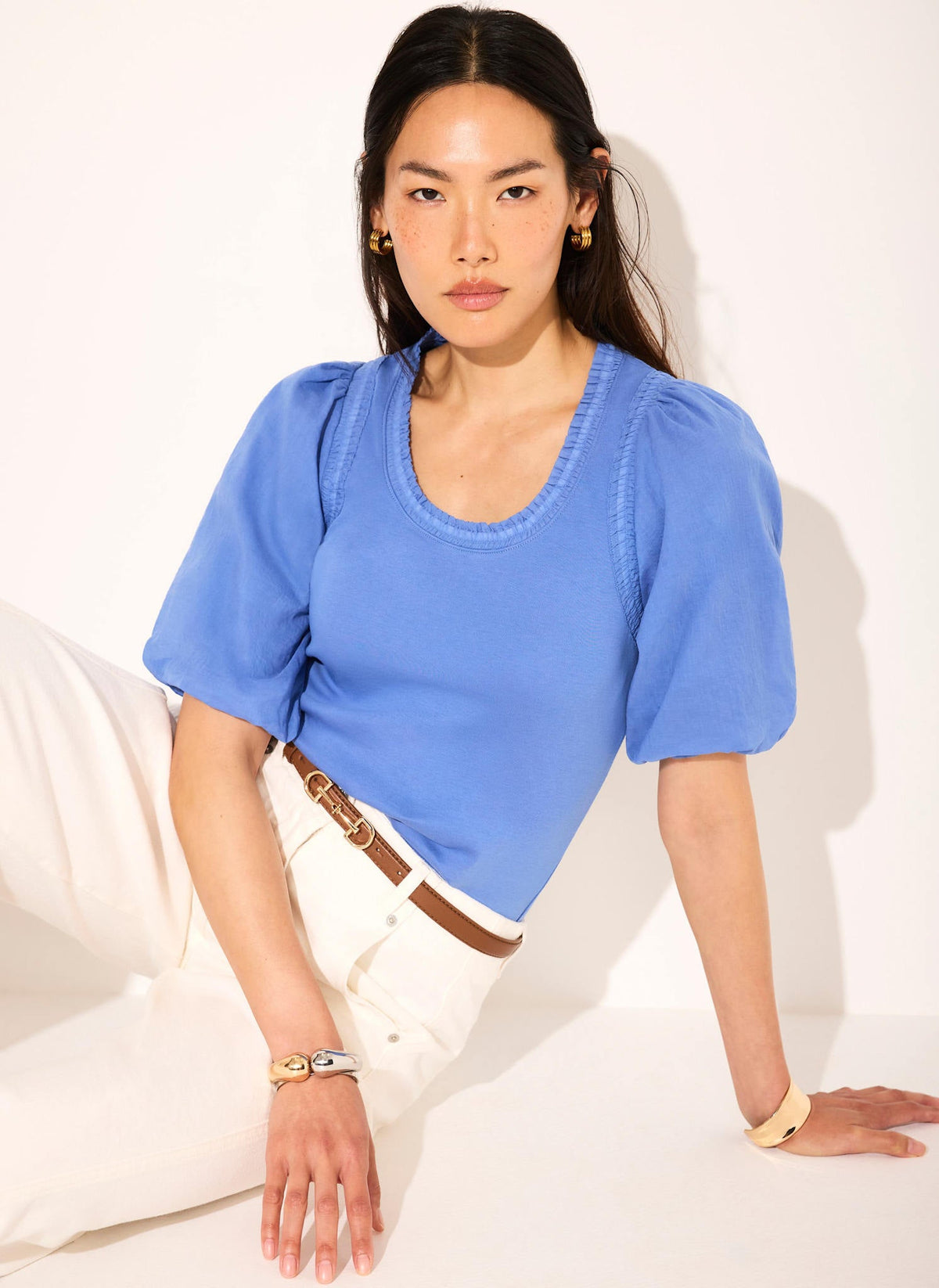 Blue Cotton Puff Sleeve  Top