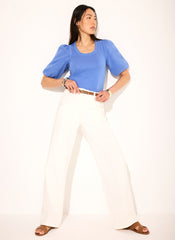 Blue Cotton Puff Sleeve  Top
