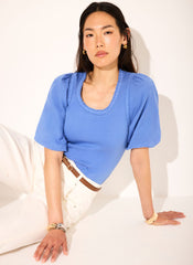 Blue Cotton Puff Sleeve  Top