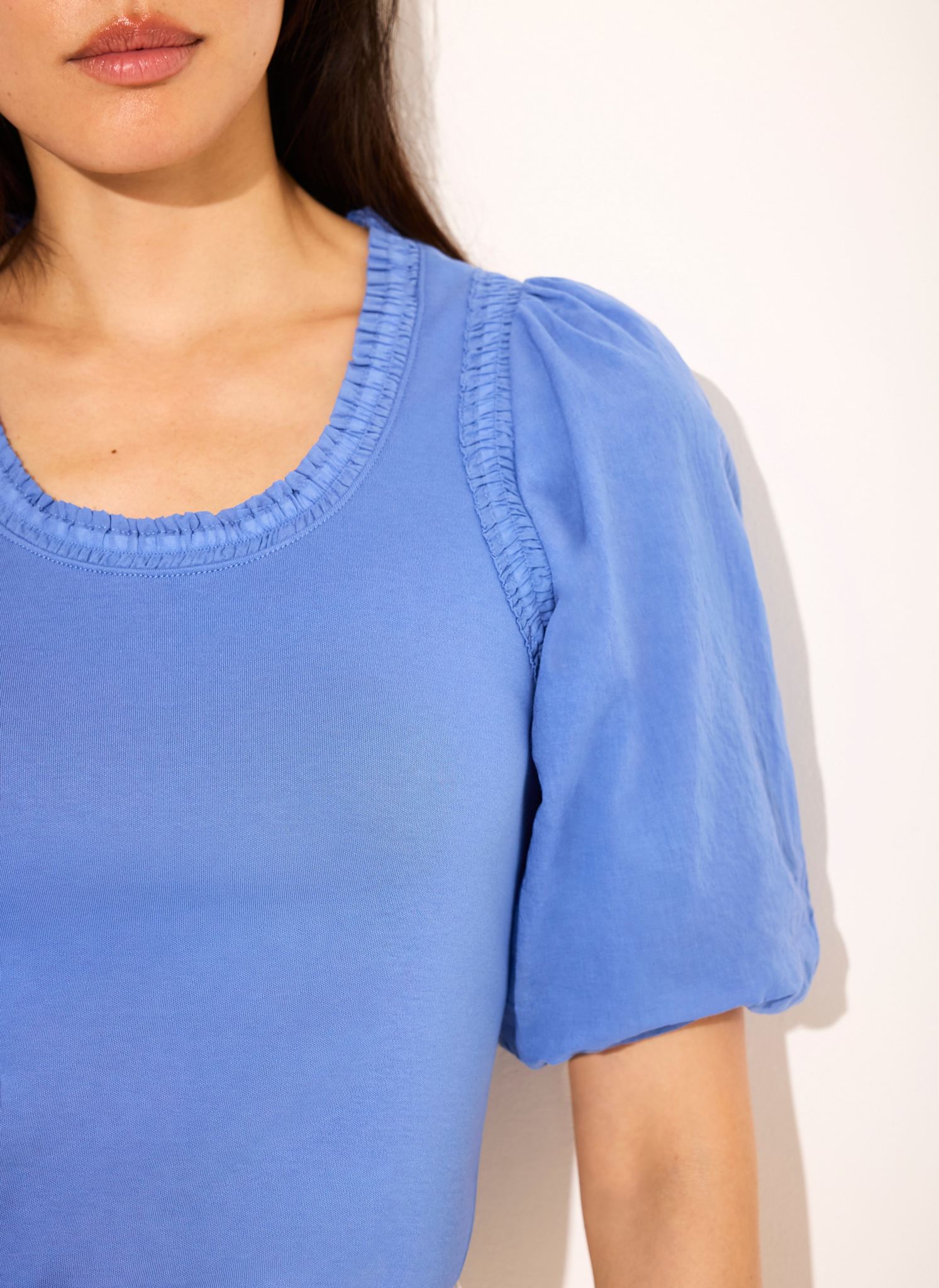 Blue Cotton Puff Sleeve  Top