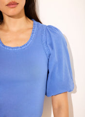 Blue Cotton Puff Sleeve  Top