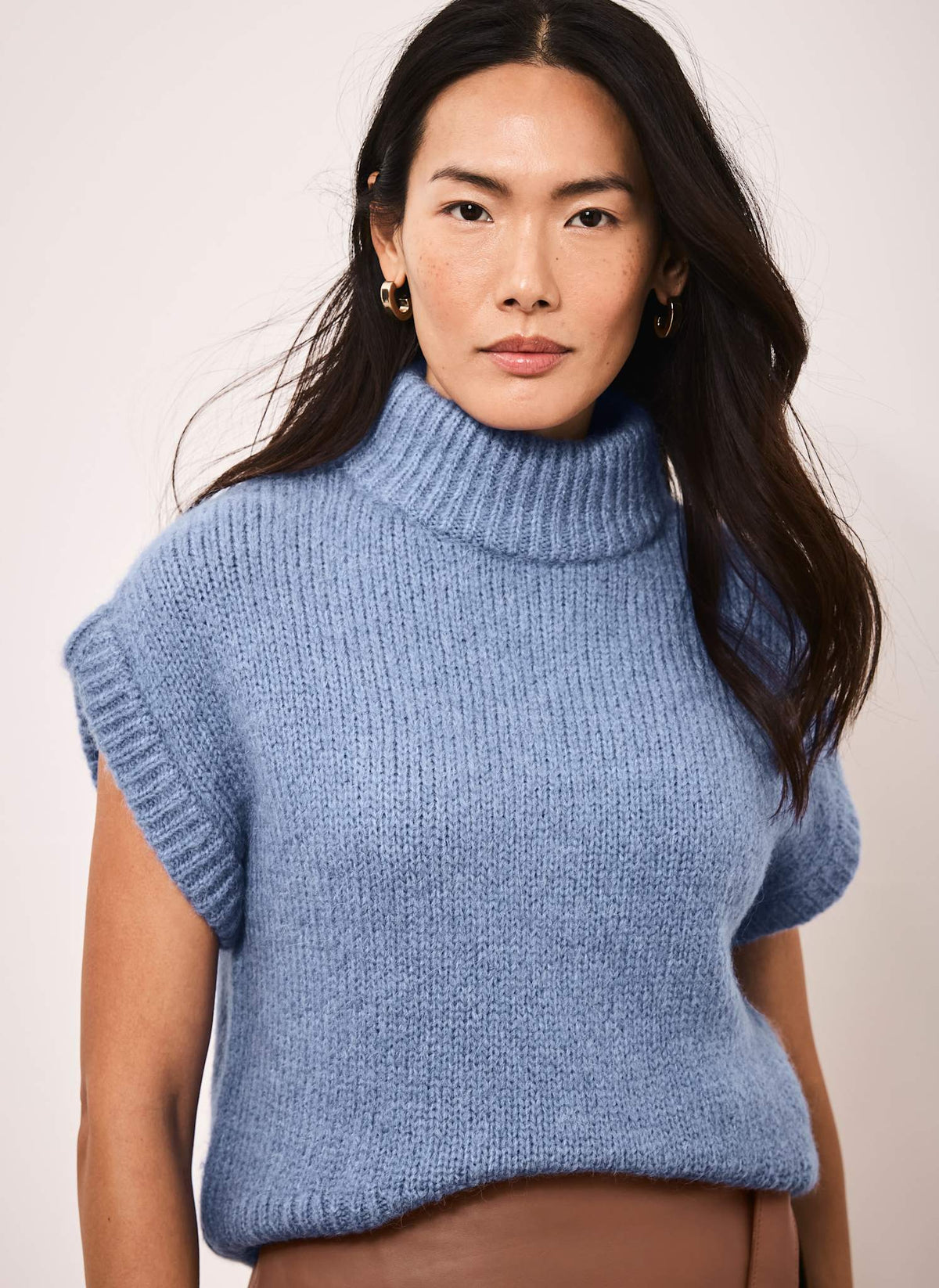 Blue Wool Blend High Neck Knit Top