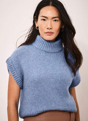 Blue Wool Blend High Neck Knit Top