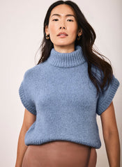 Blue Wool Blend High Neck Knit Top