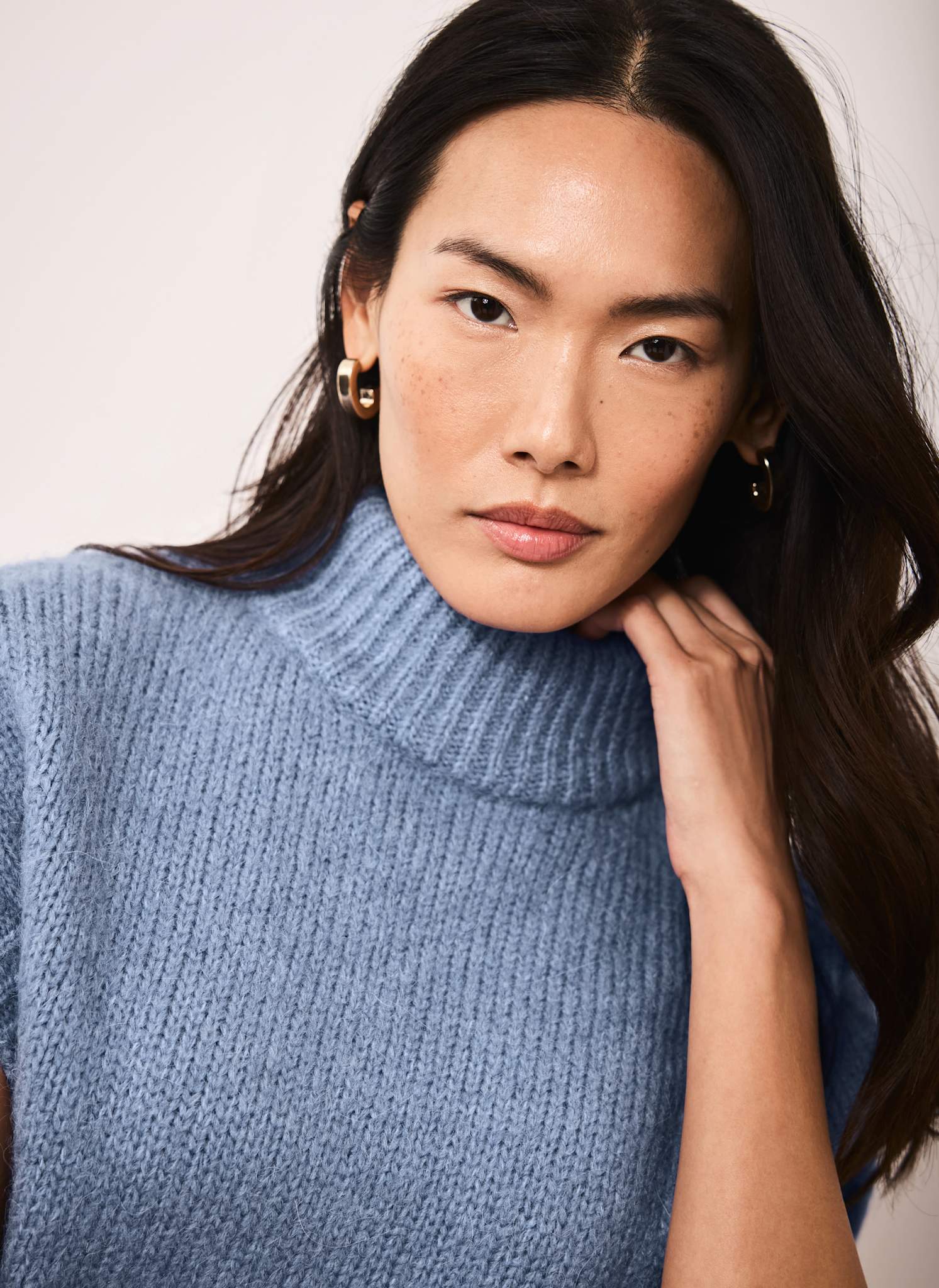 Blue Wool Blend High Neck Knit Top