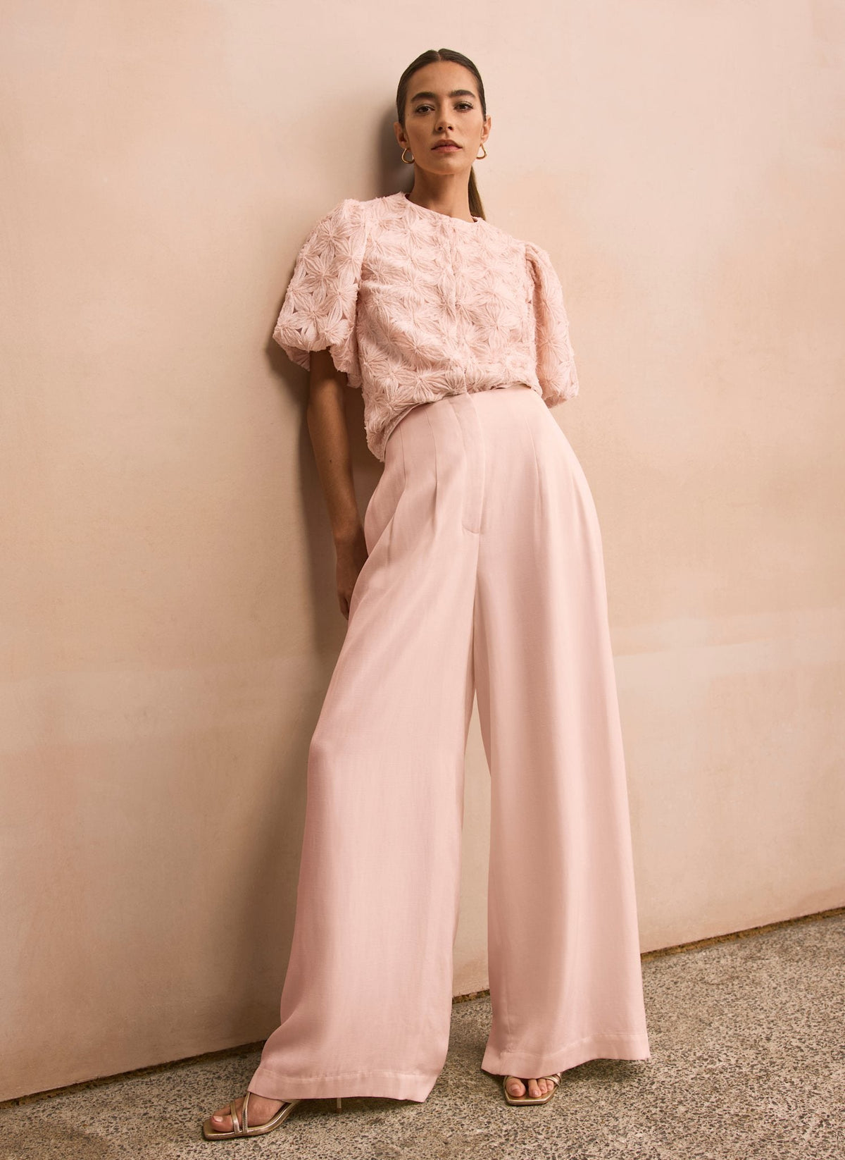 Pink Pleat Detail Wide Leg Trousers
