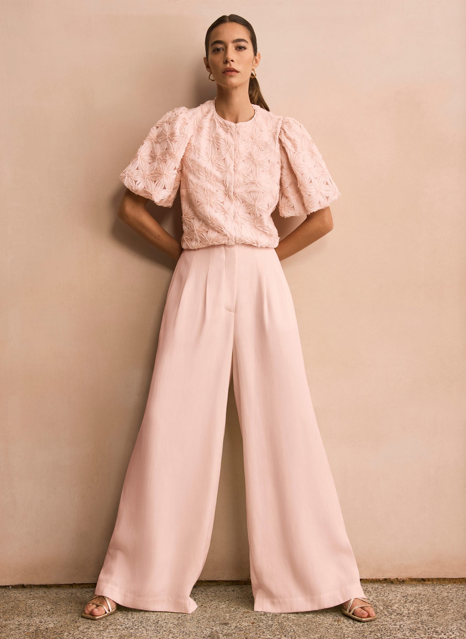 Pink Pleat Detail Wide Leg Trousers