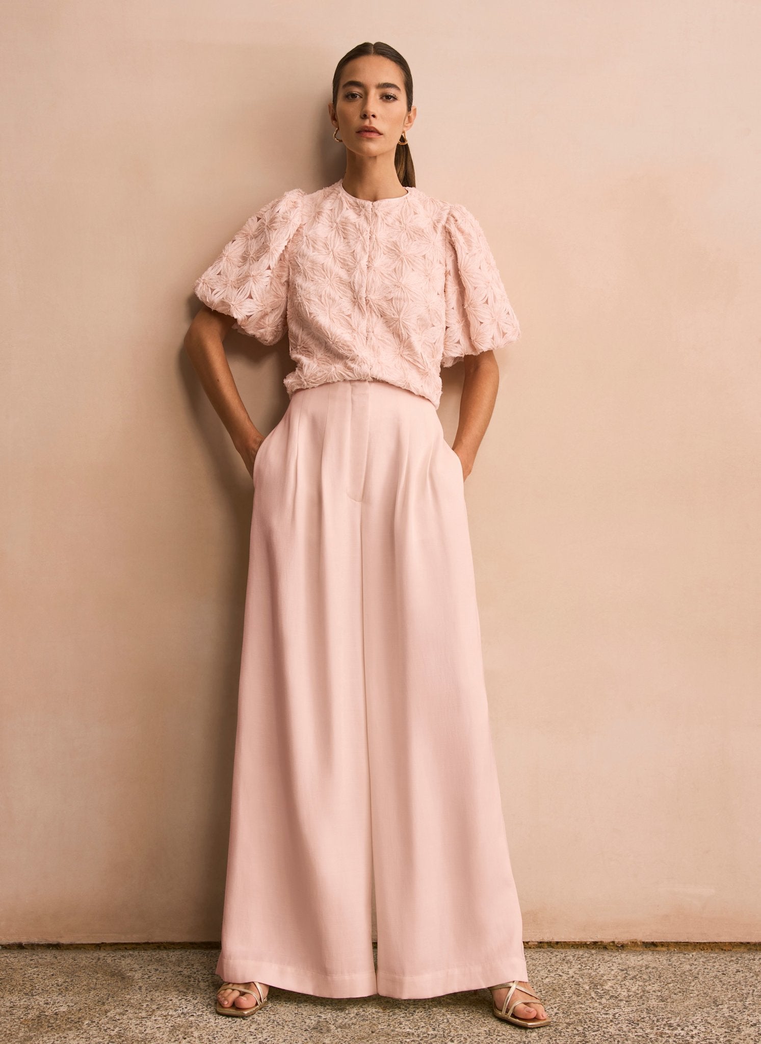 Pink Pleat Detail Wide Leg Trousers