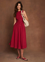 Red Cotton Broderie Drop Waist Midi Dress