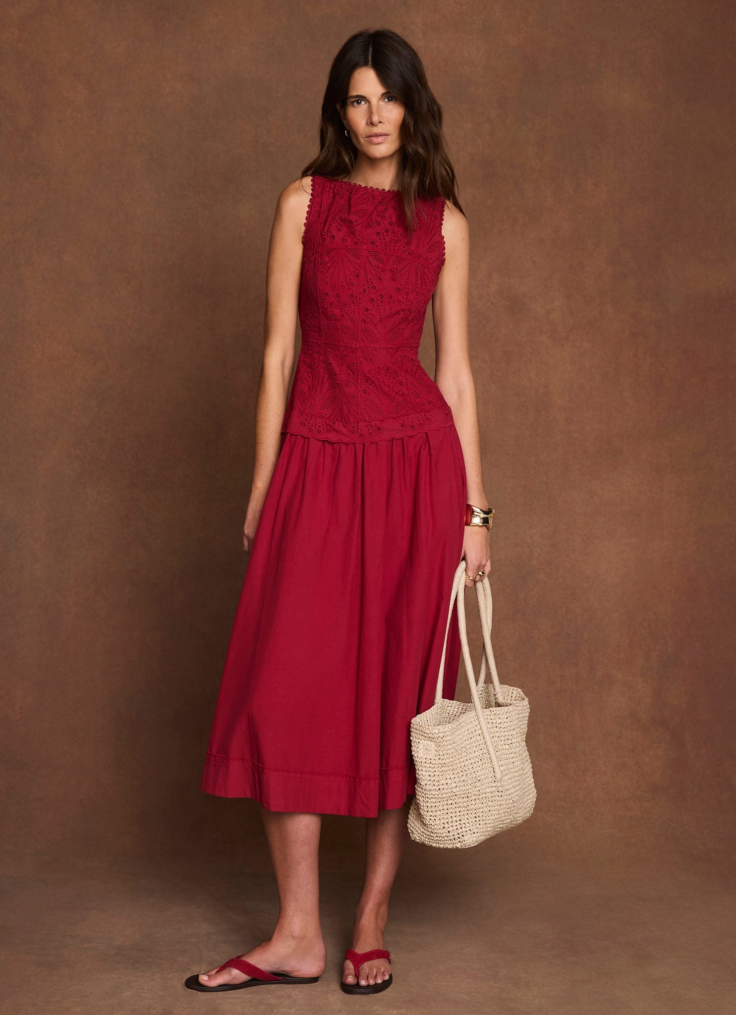 Red Cotton Broderie Drop Waist Midi Dress
