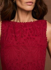 Red Cotton Broderie Drop Waist Midi Dress