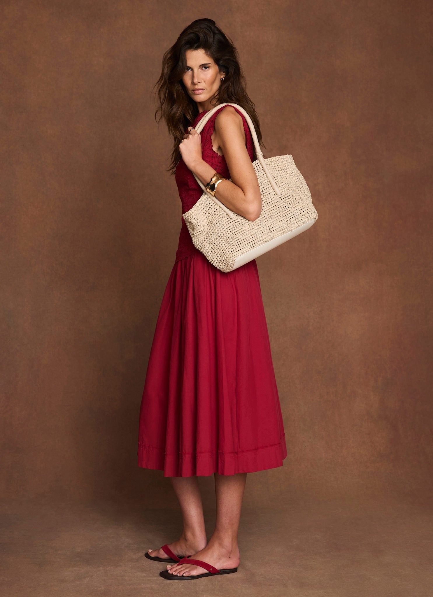 Red Cotton Broderie Drop Waist Midi Dress