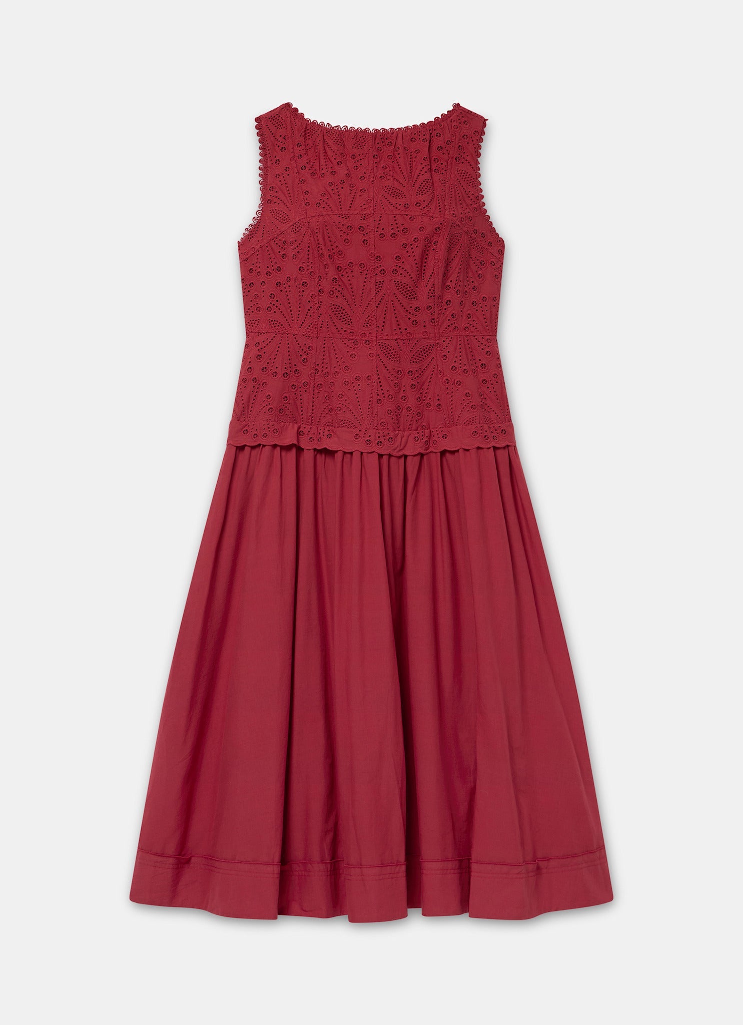 Red Cotton Broderie Drop Waist Midi Dress