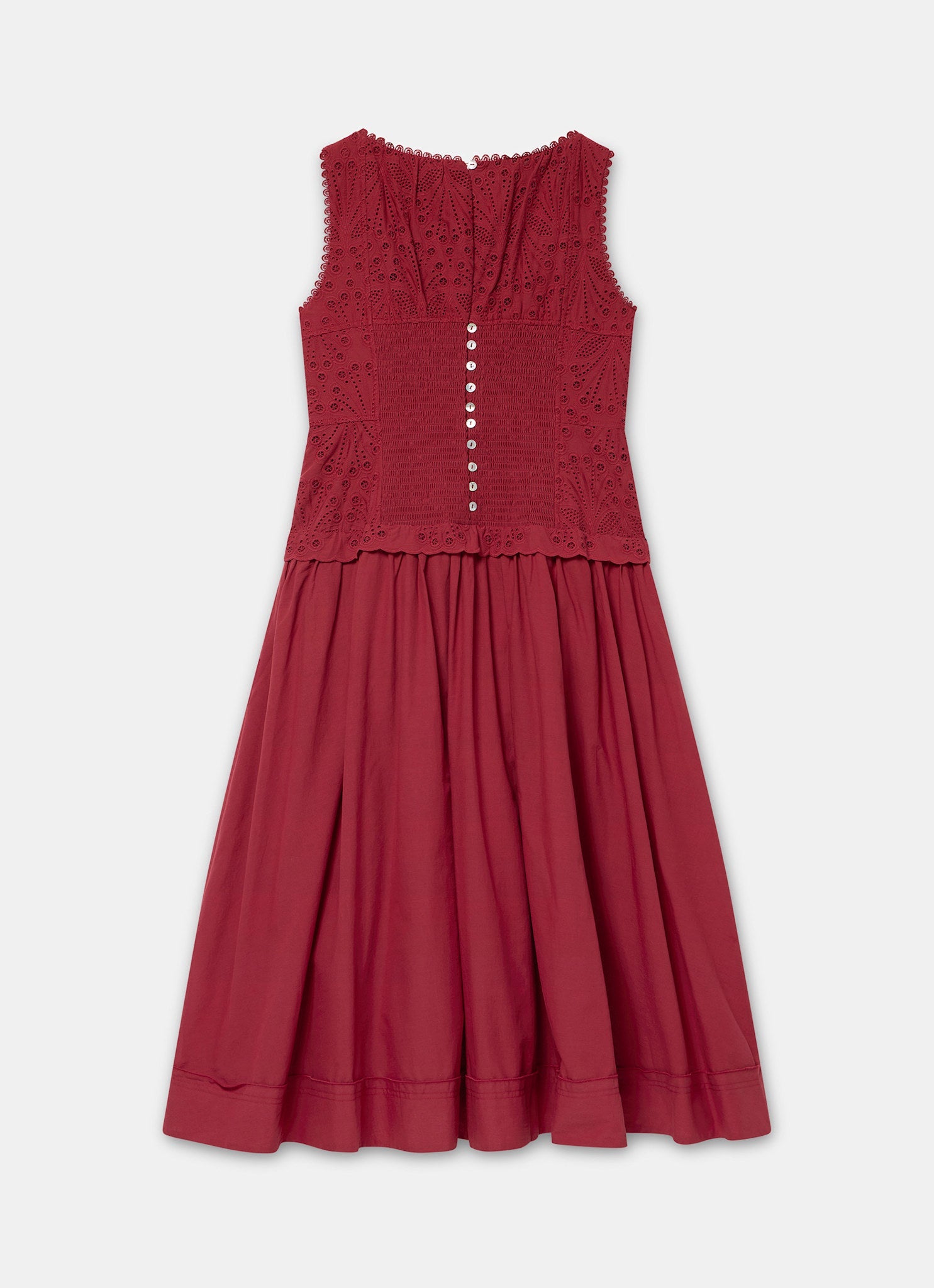 Red Cotton Broderie Drop Waist Midi Dress