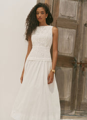 White Cotton Broderie Drop Waist Midi Dress
