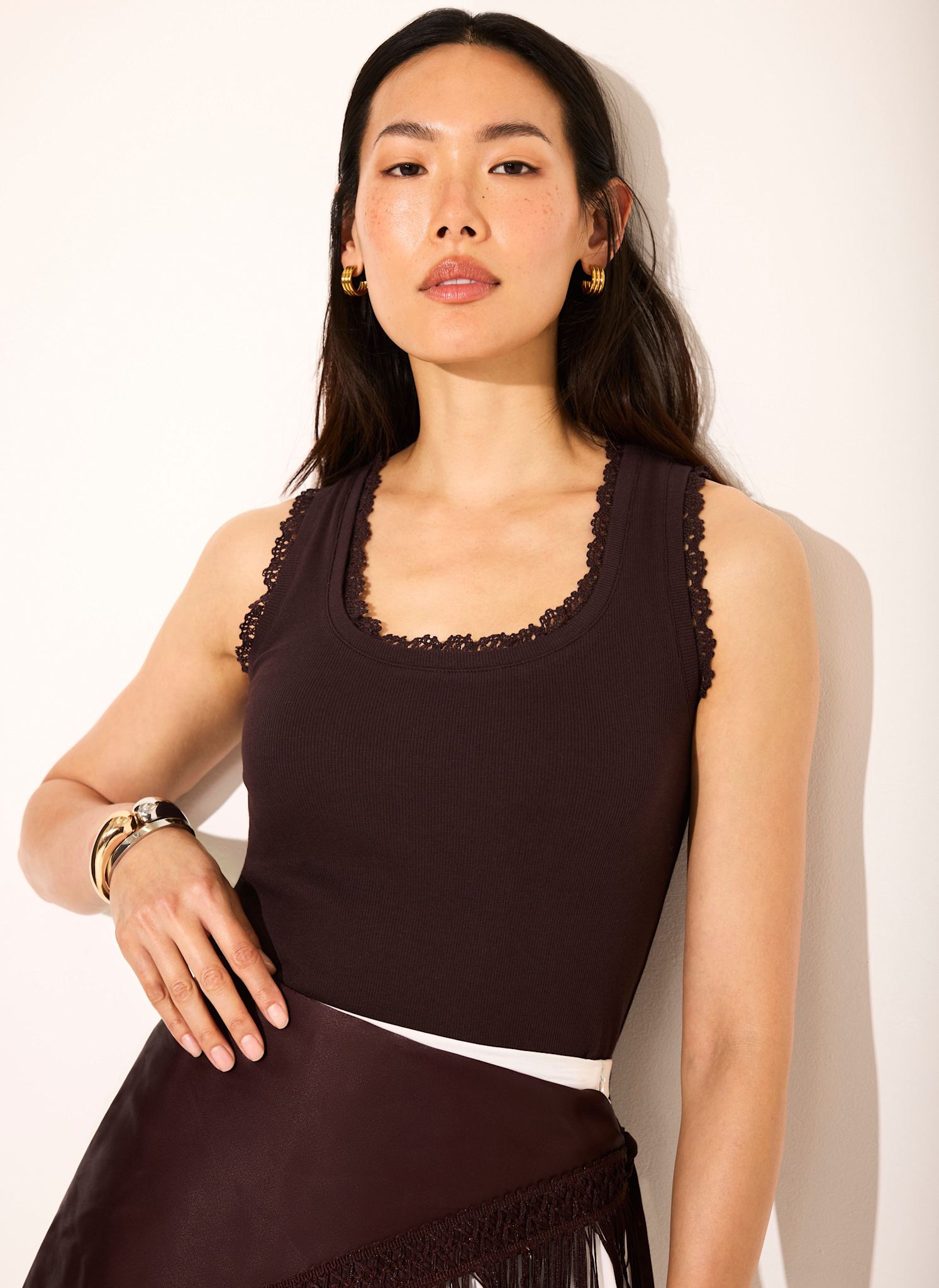 Brown Crochet Trim Vest Top