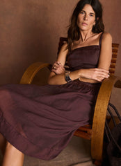 Burgundy Ramie Drop Waist Midi Dress