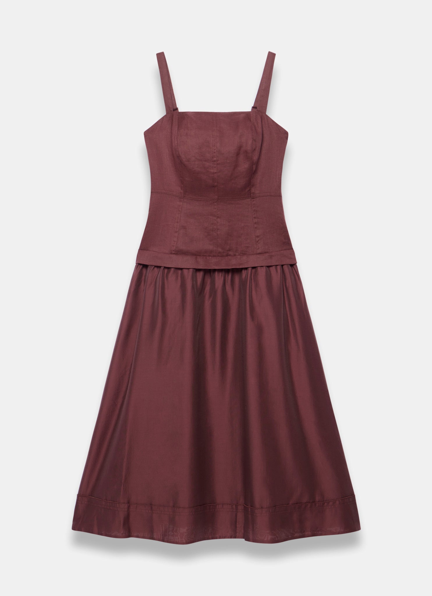 Burgundy Ramie Drop Waist Midi Dress