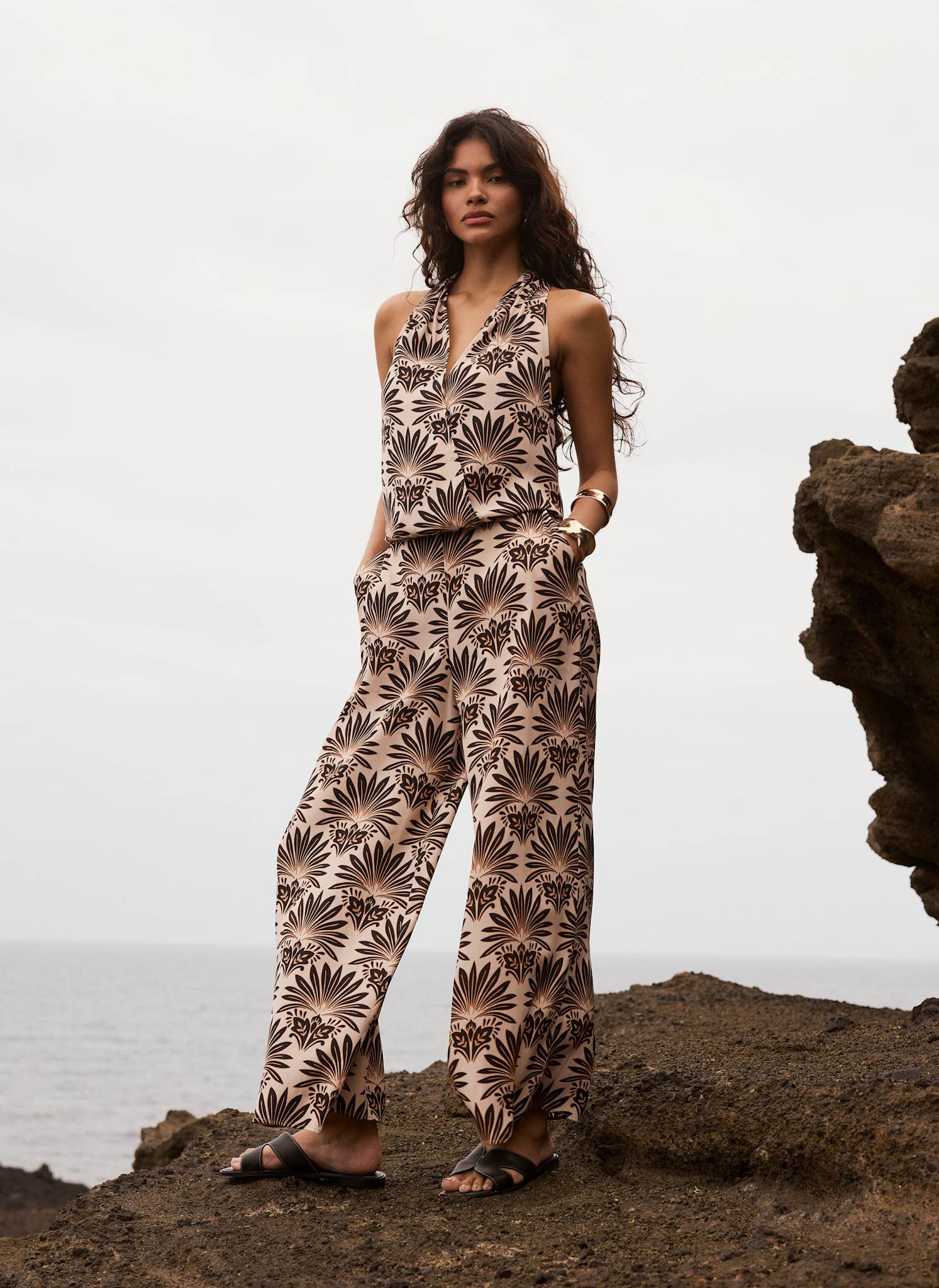 Neutral Satin Geo Print Halter Top
