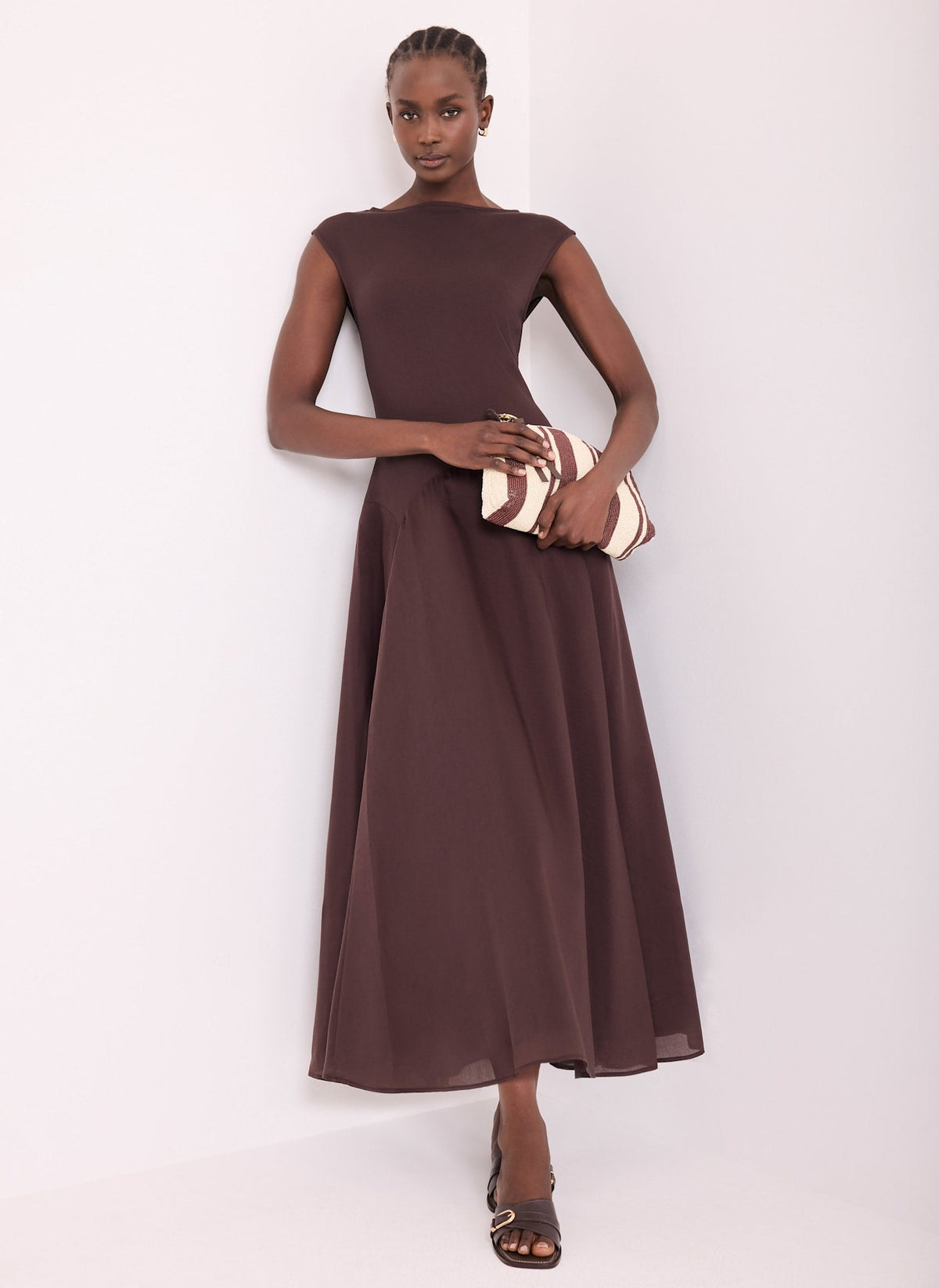 Brown Sleeveless Drop Waist Midi Dress