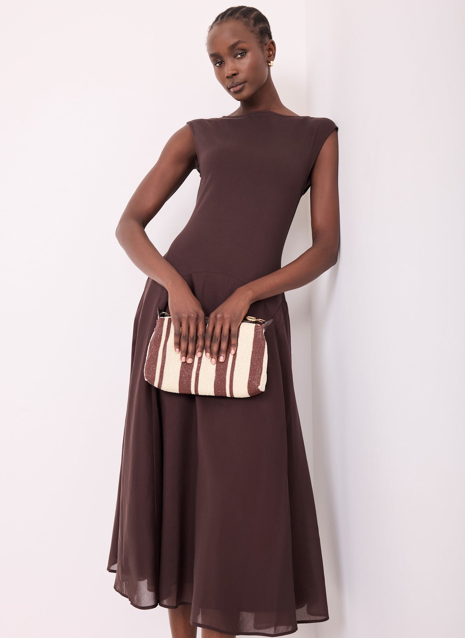 Brown Sleeveless Drop Waist Midi Dress