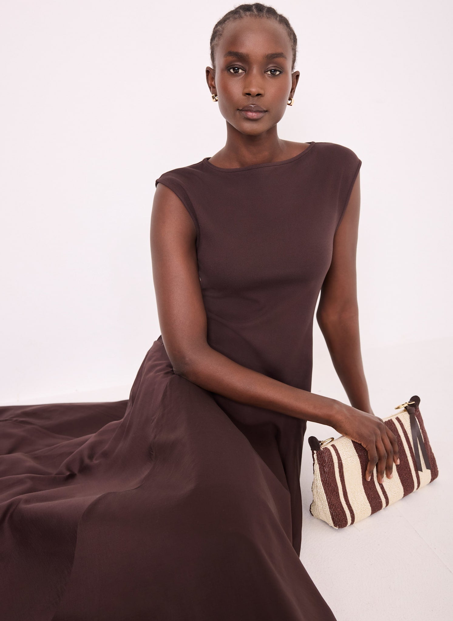 Brown Sleeveless Drop Waist Midi Dress