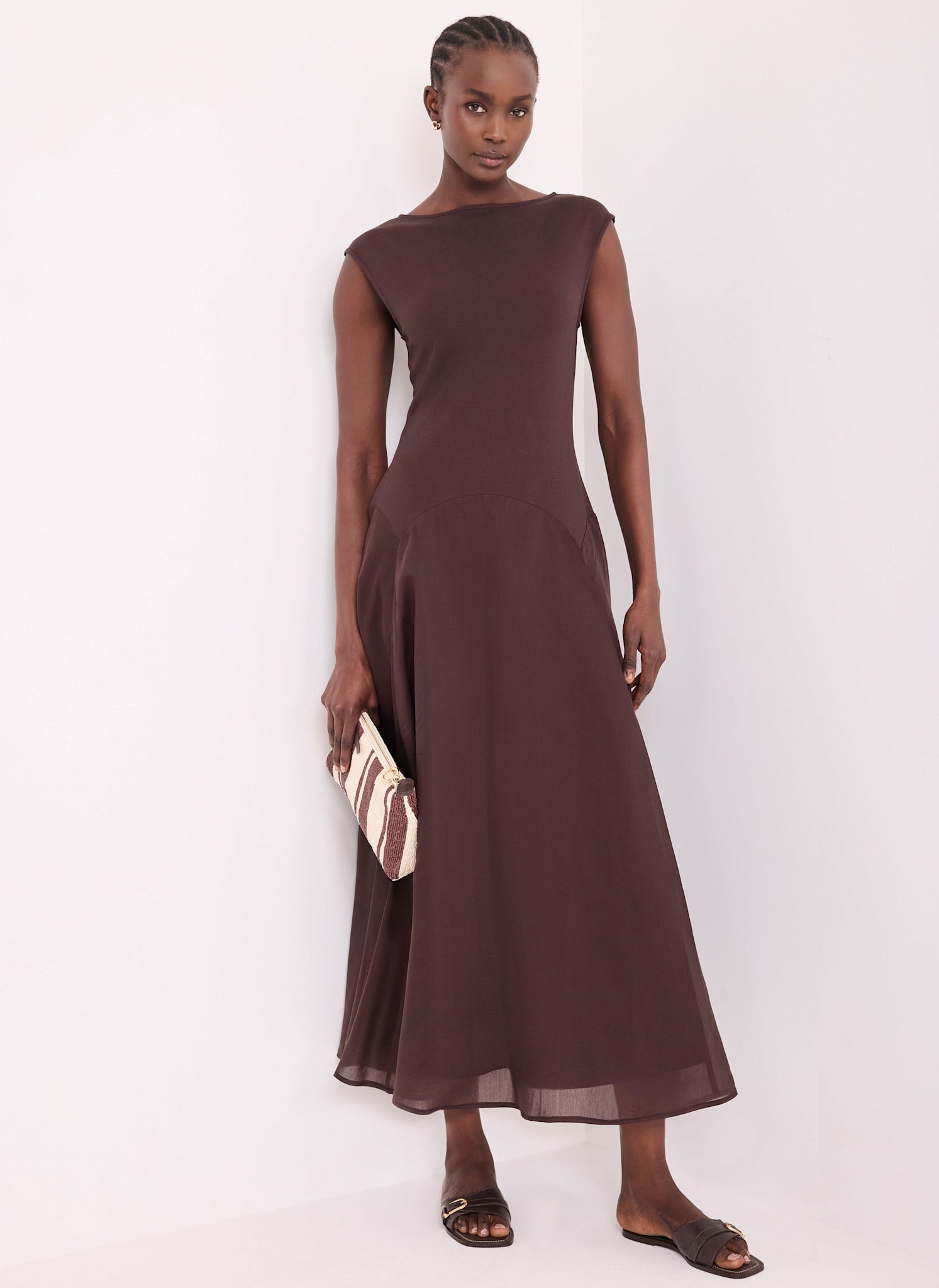 Brown Sleeveless Drop Waist Midi Dress