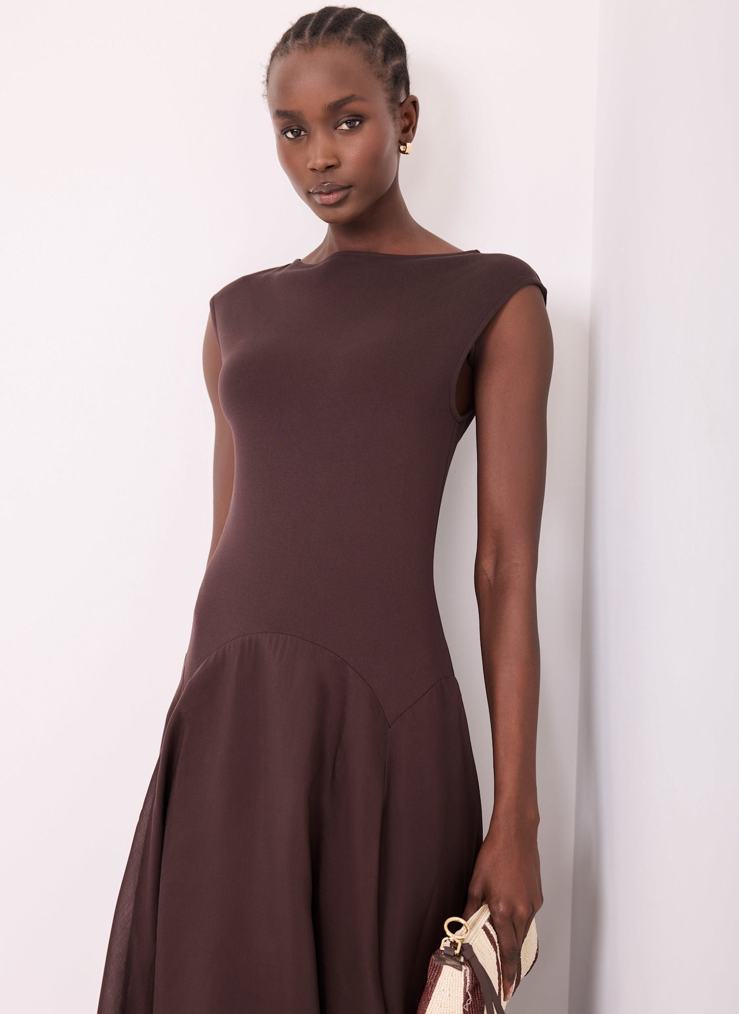 Brown Sleeveless Drop Waist Midi Dress