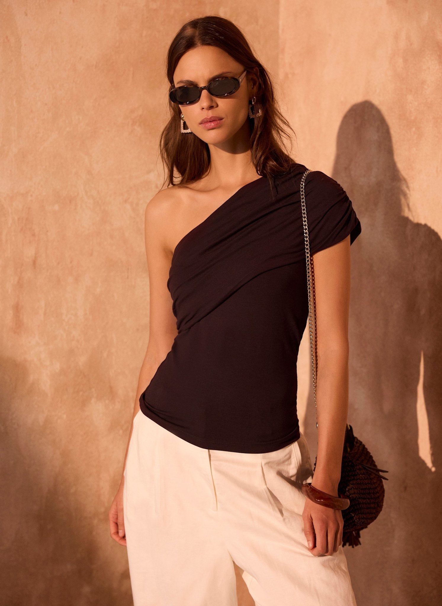 Brown One Shoulder Drape Top