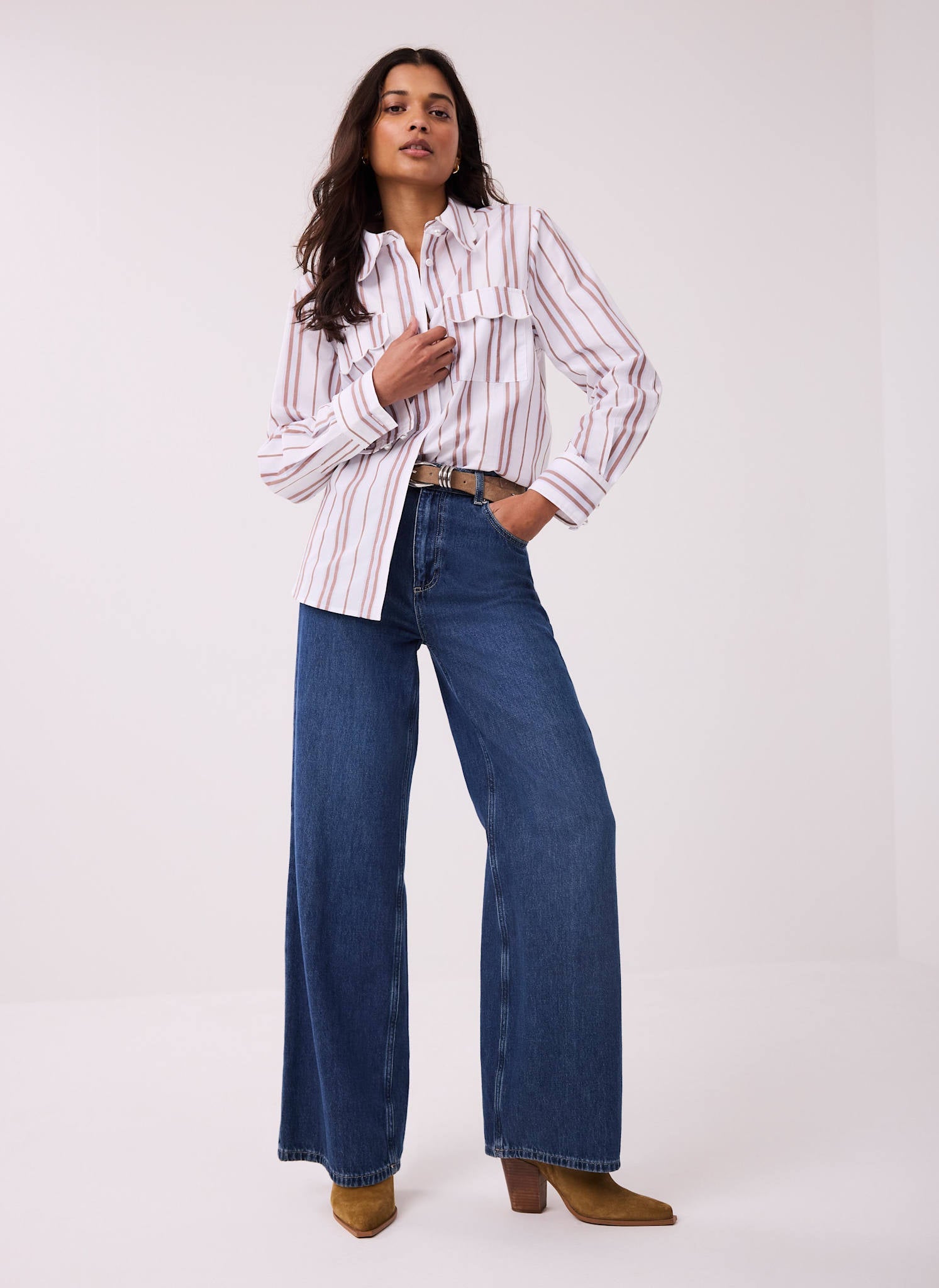 Brown Striped Cotton Scallop Detail Shirt