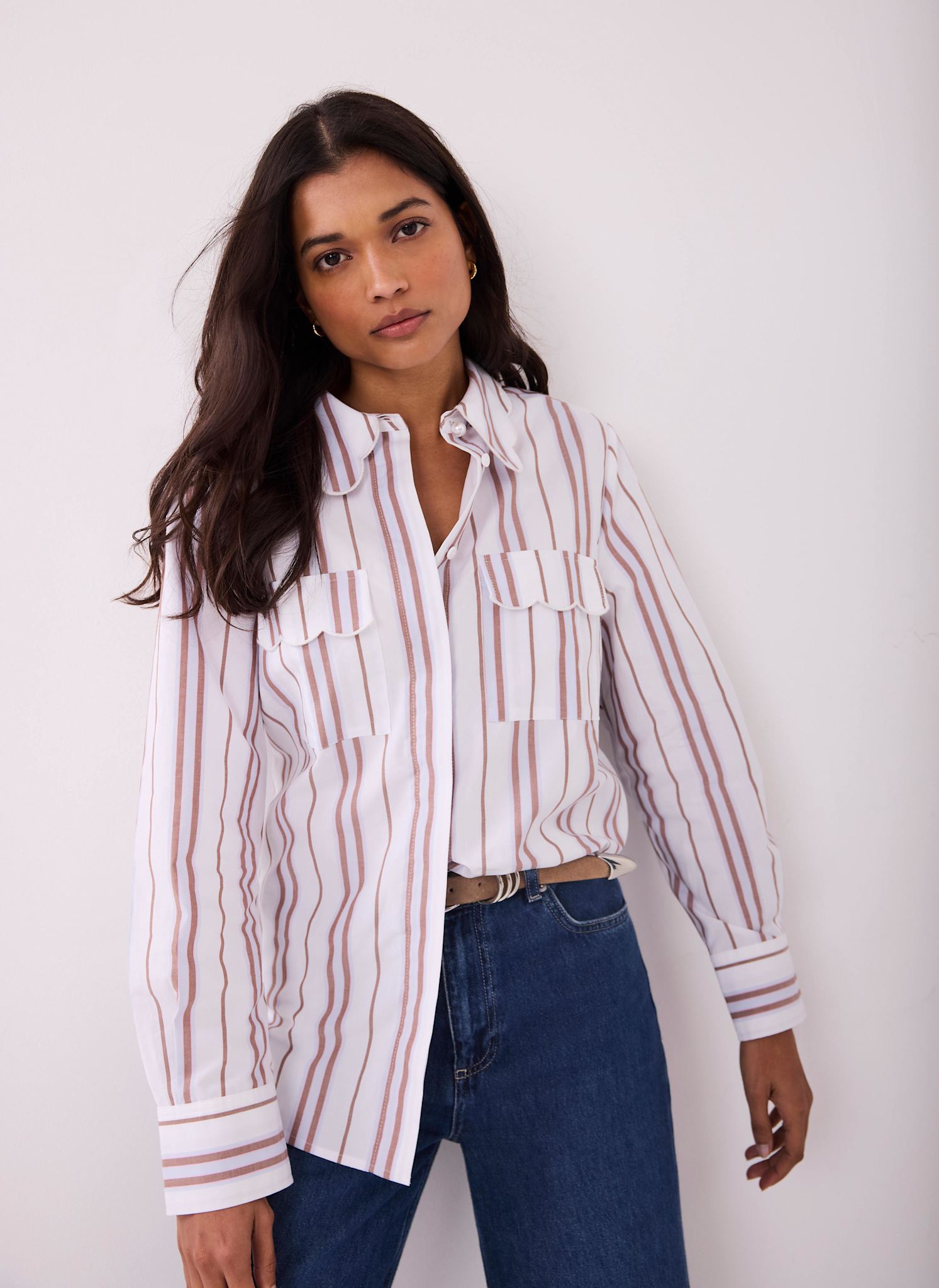 Brown Striped Cotton Scallop Detail Shirt