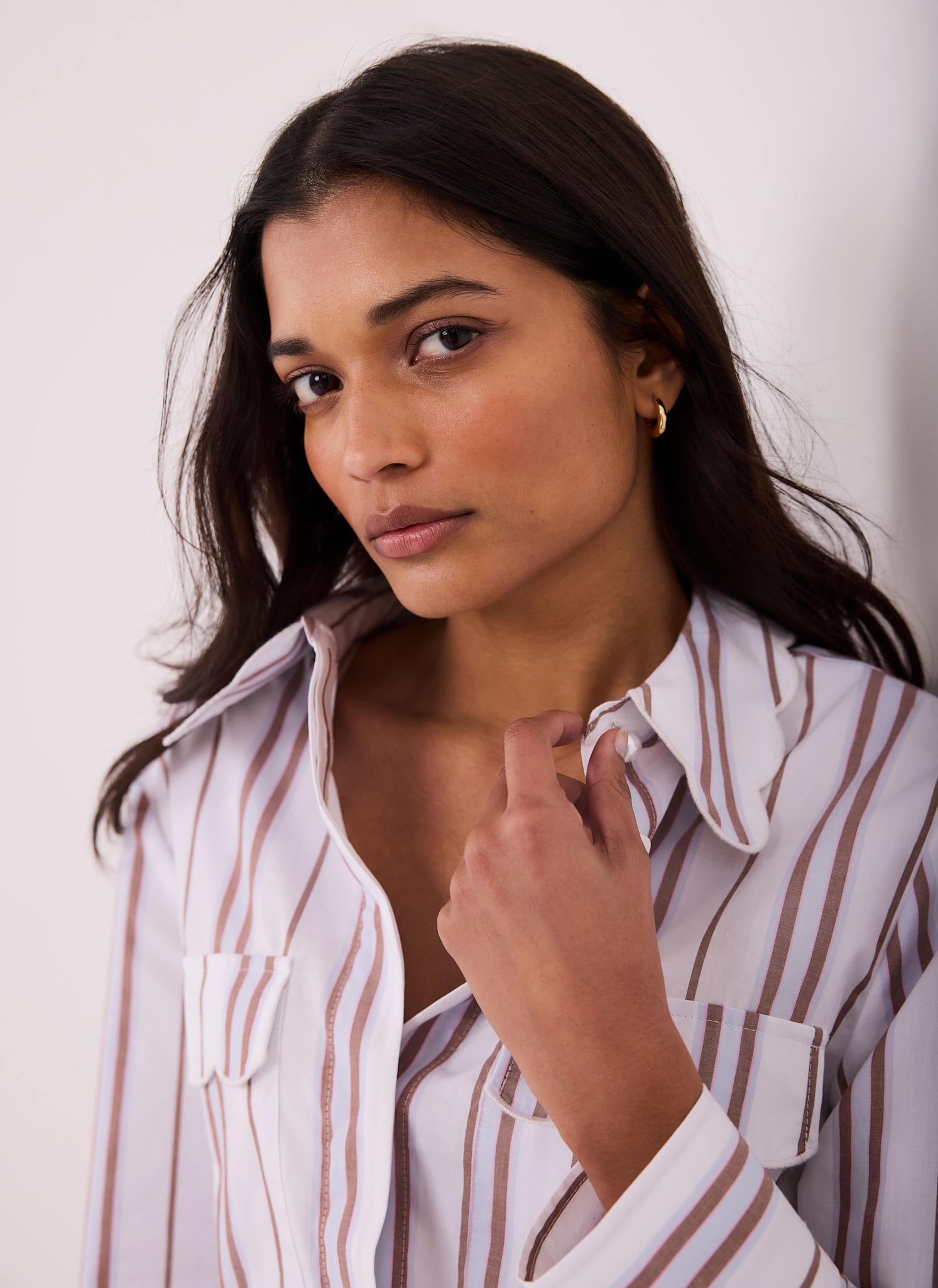 Brown Striped Cotton Scallop Detail Shirt