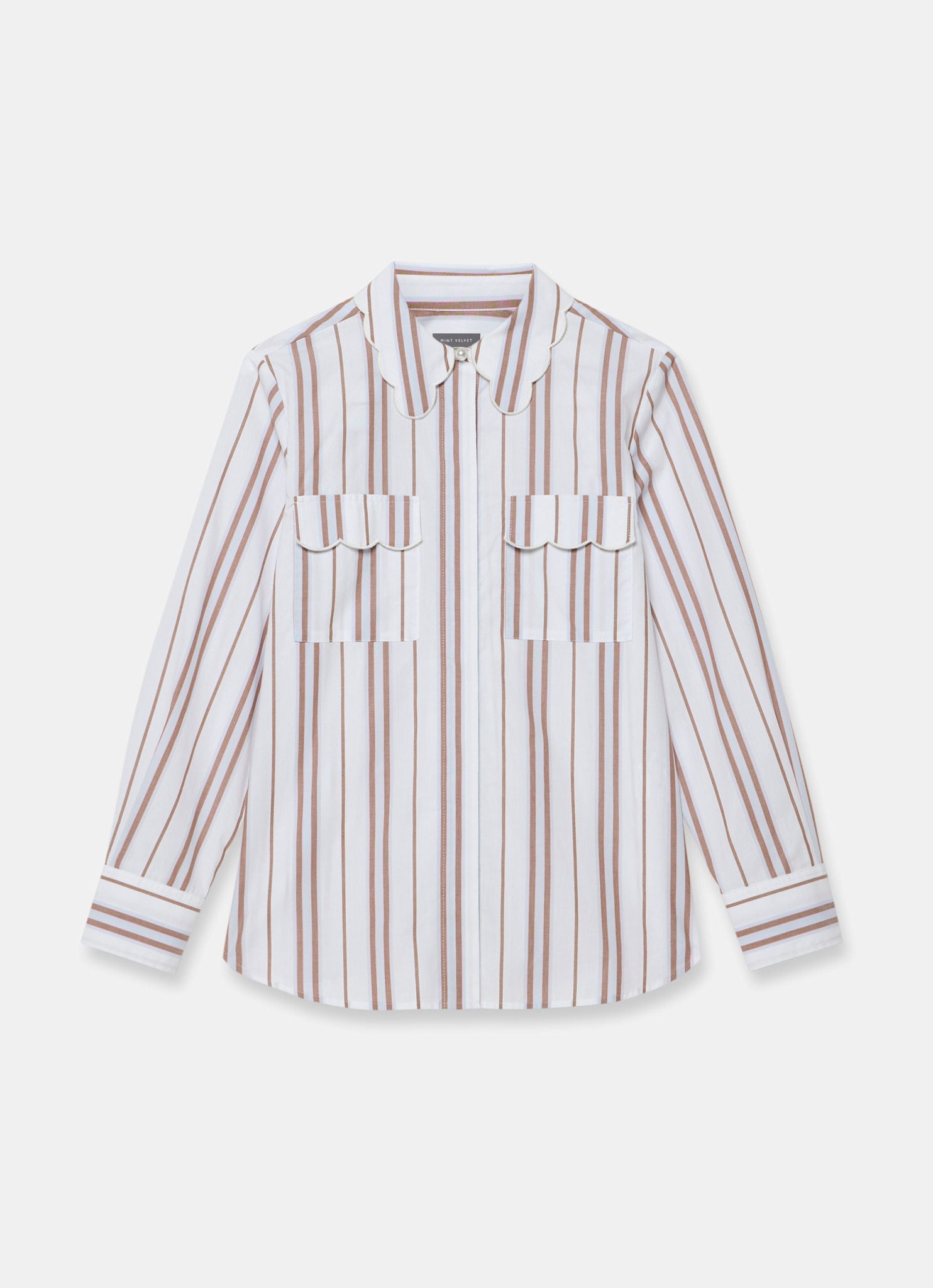 Brown Striped Cotton Scallop Detail Shirt