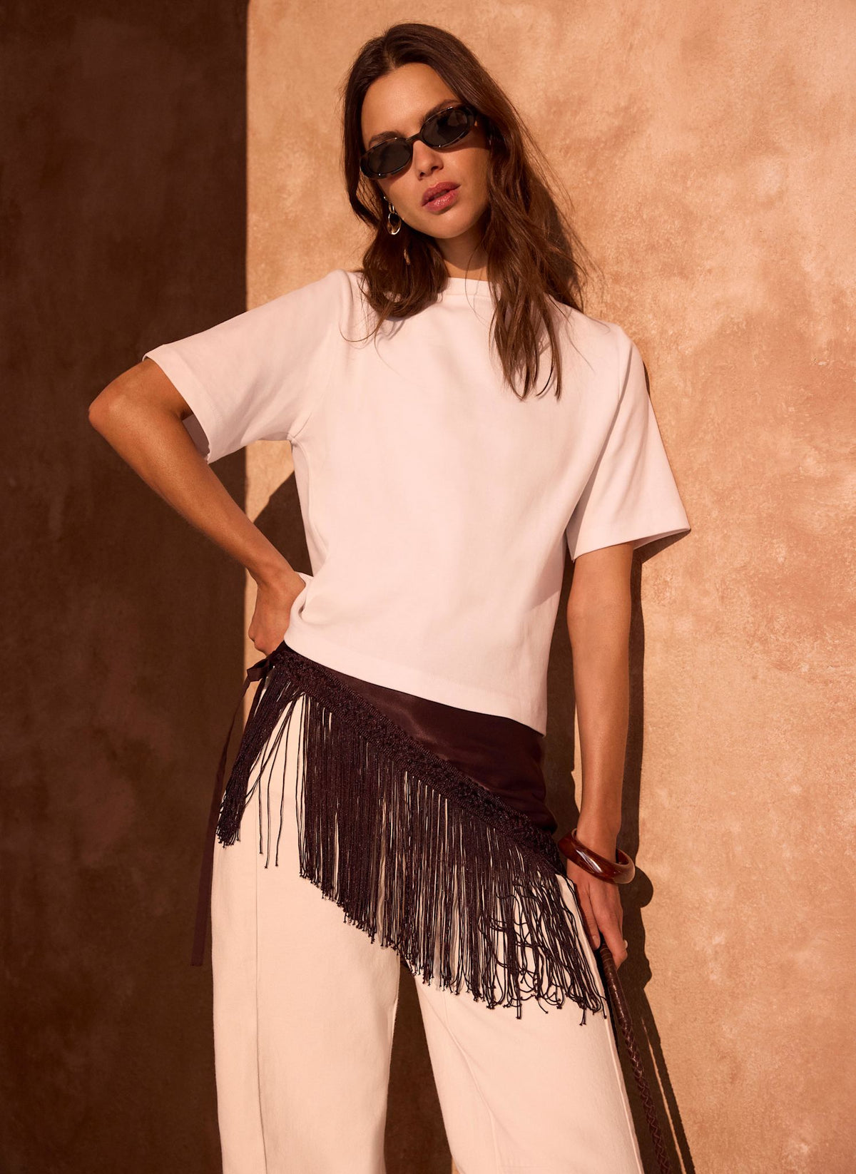 Brown Satin Fringe Waist Scarf