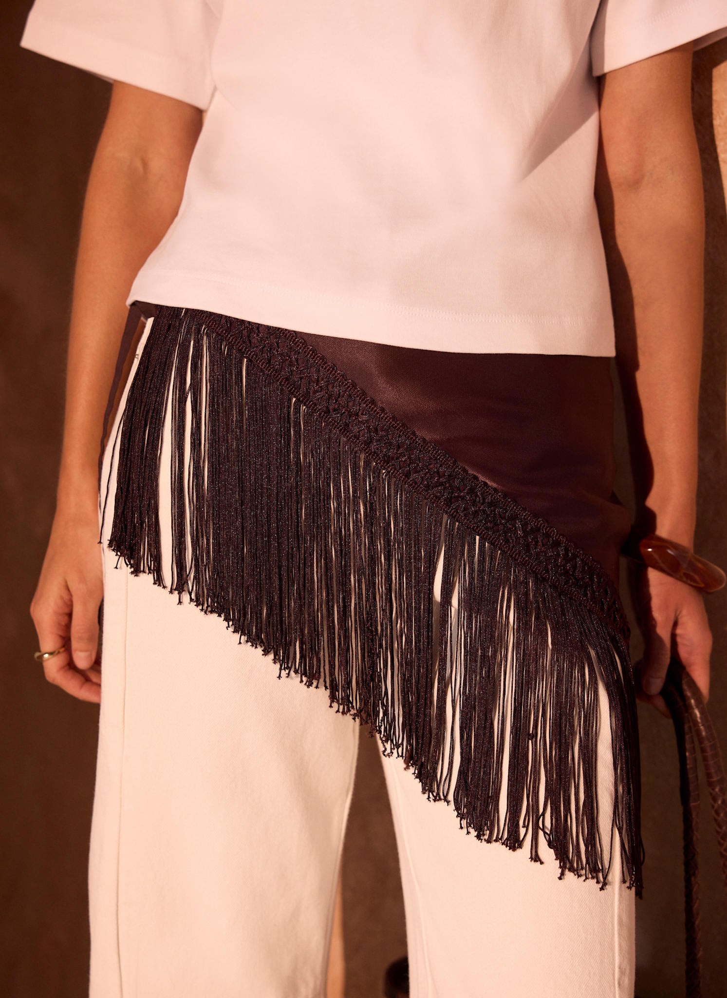 Brown Satin Fringe Waist Scarf