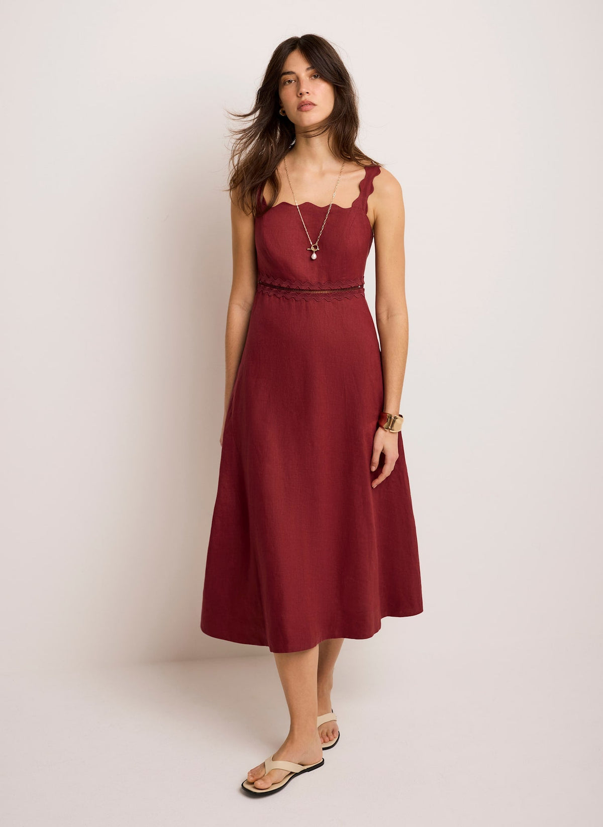 Burgundy Linen Scallop Trim Midi Dress