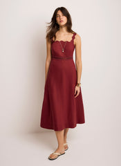 Burgundy Linen Scallop Trim Midi Dress
